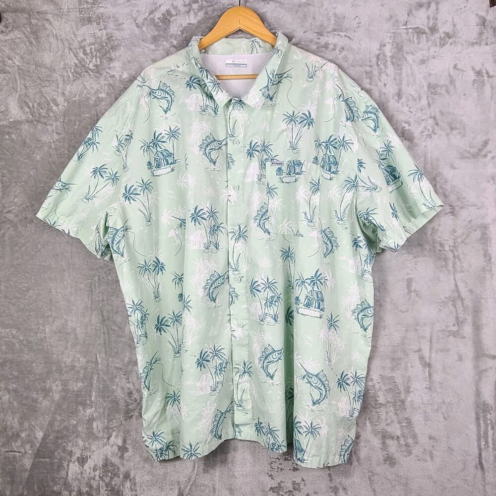 Columbia PFG Short Sleeve Button Up Shirt Tropical Fish Print Blue Green Mens 5x